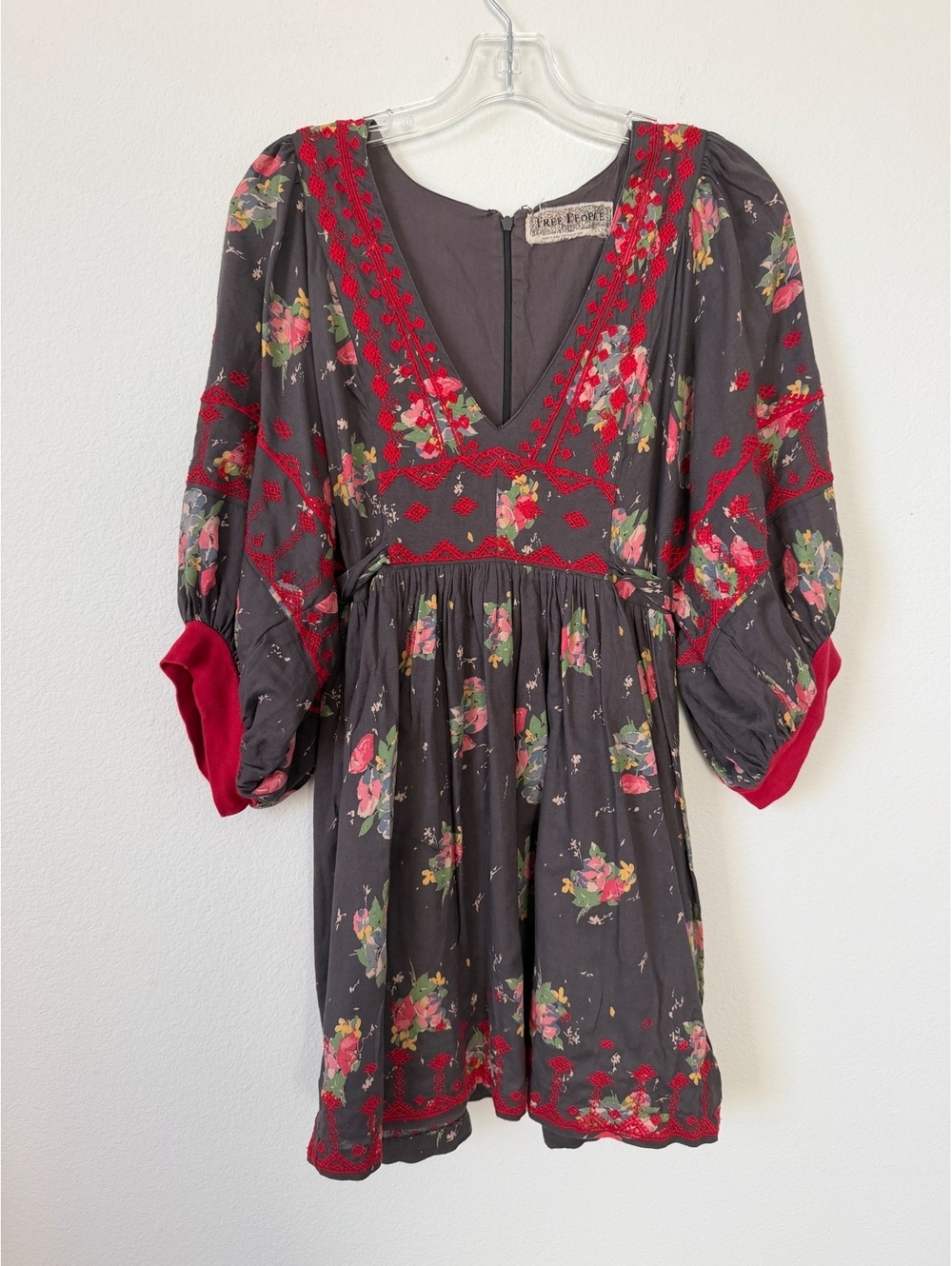 Free People 100% Cotton 3/4 Sleeve V-Neck Floral Boho Peasant Mini Dress Size XS